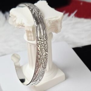 Cherry Blossom Bamboo Engraved Silver Stainless Steel Open Bangle Bracelet Cuff